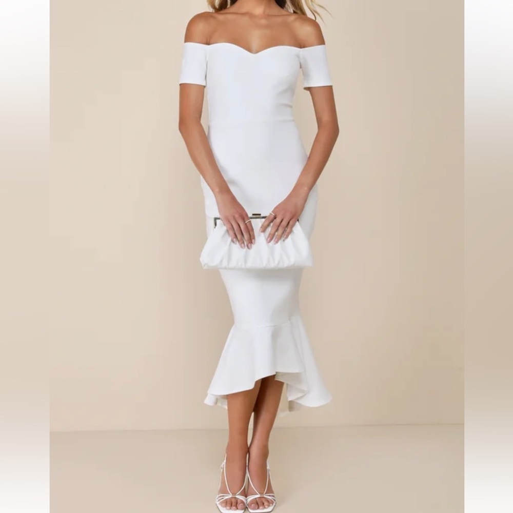 Lulus How Much I Care Ivory Off-the-Shoulder Midi Dress size S‎ NWT